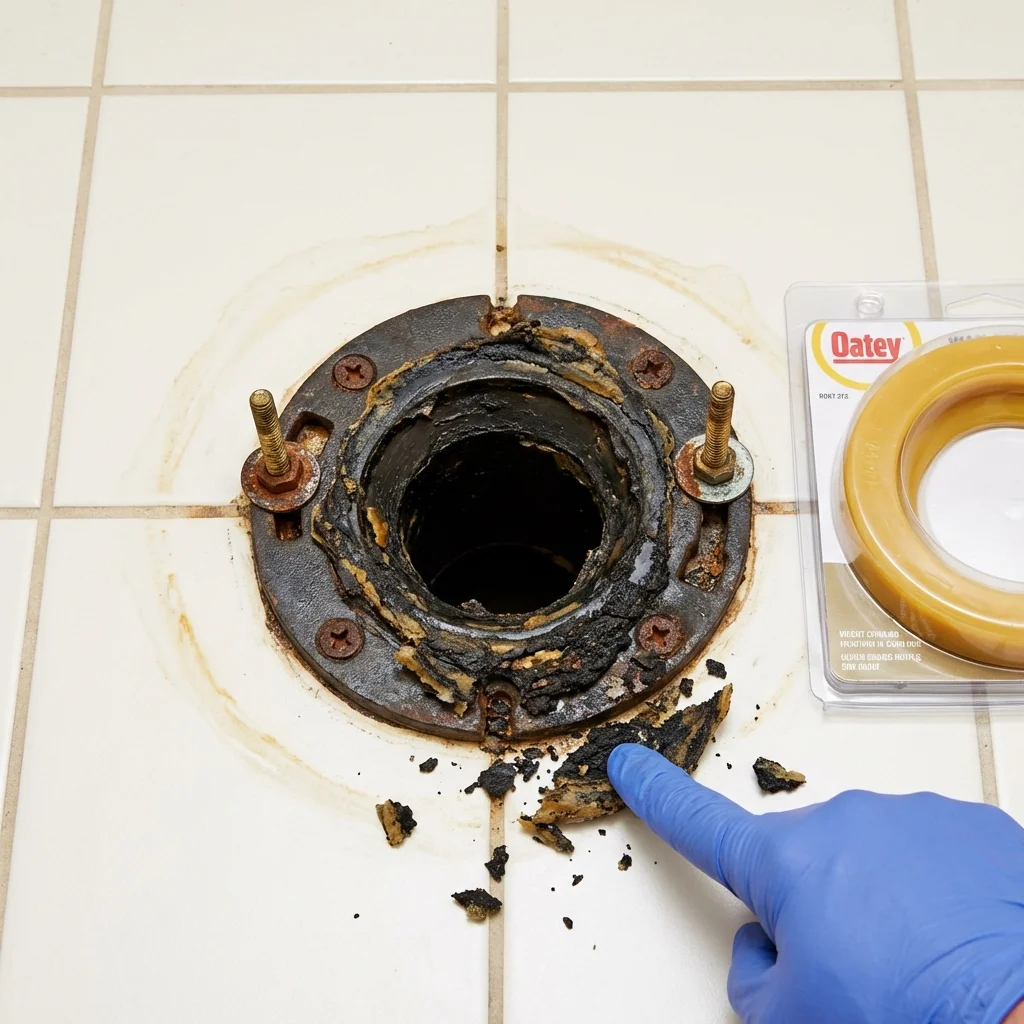 Failed wax ring showing water seepage at the base of a toilet in a Piedmont, MO home