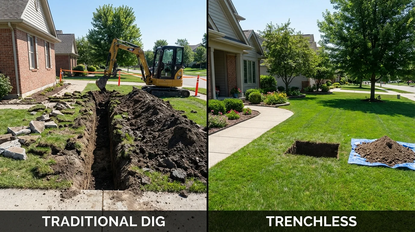 Trenchless sewer repair with minimal yard damage versus traditional excavation in Piedmont, MO